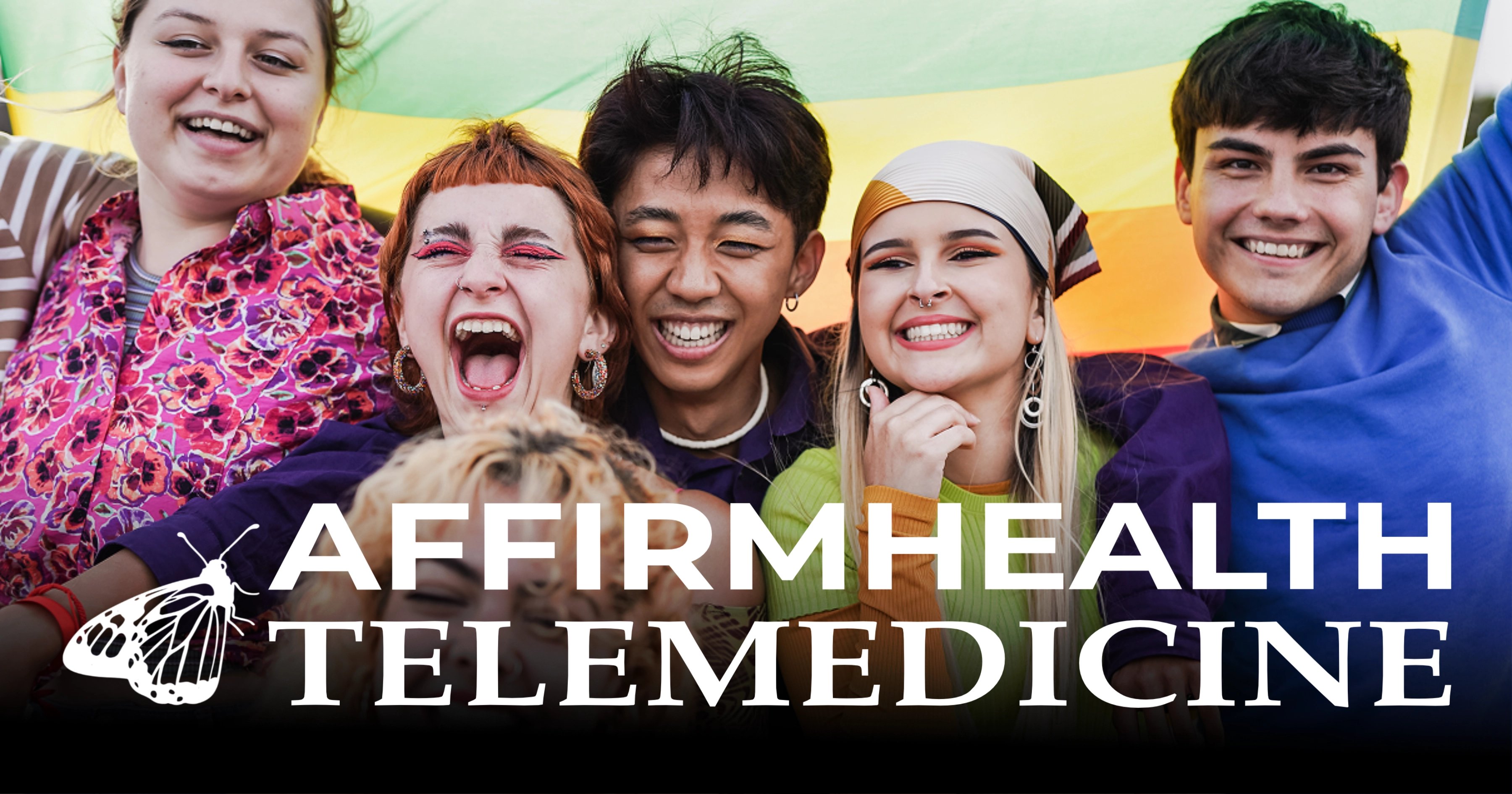 AffirmHealth Telemedicine open graph image with their logo overlaid on an image of a group of friends at a pride celebration