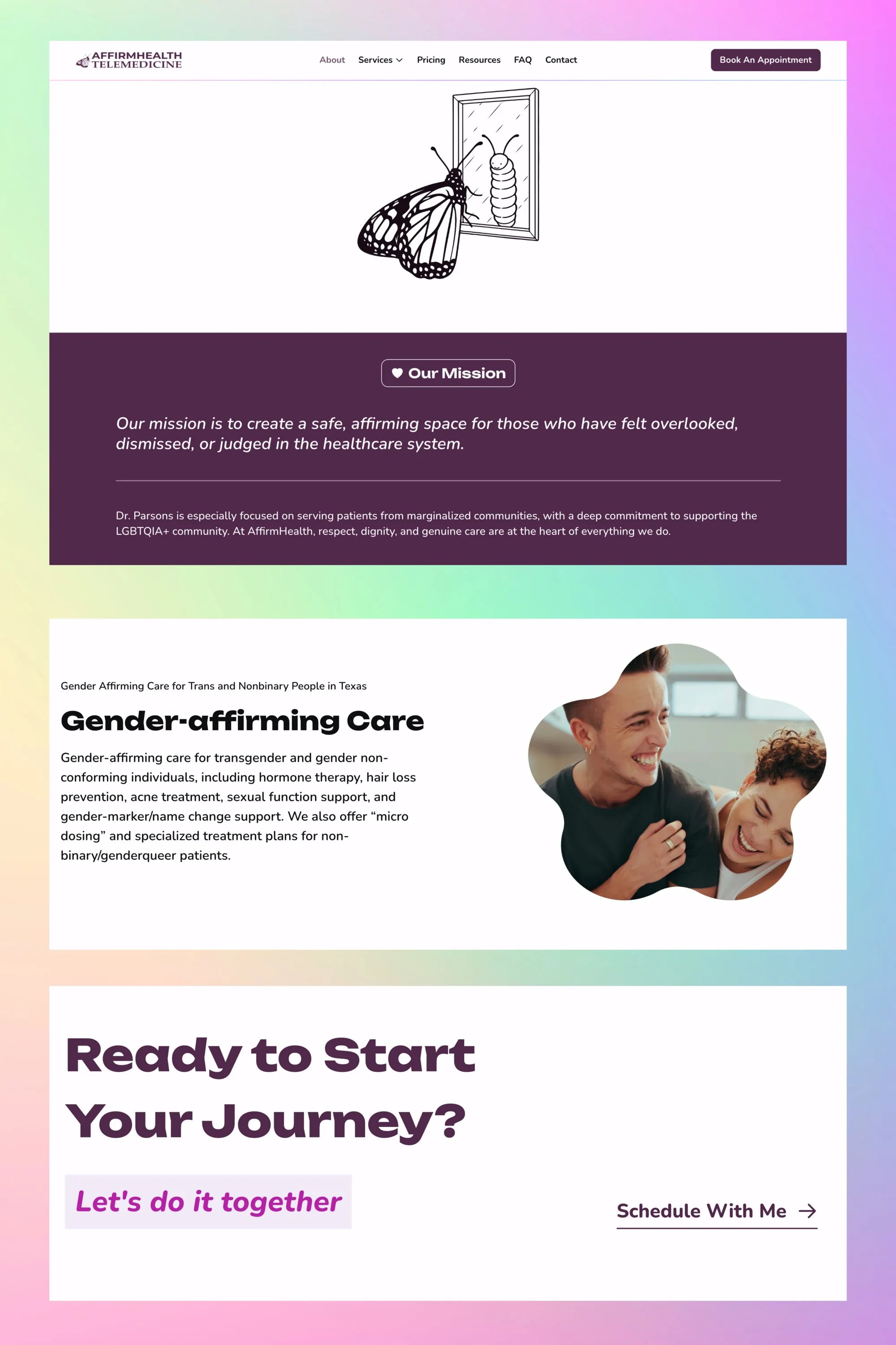 AffirmHealth site sections including the About mission statement, Gender-affirming Service Hero, and the CTA