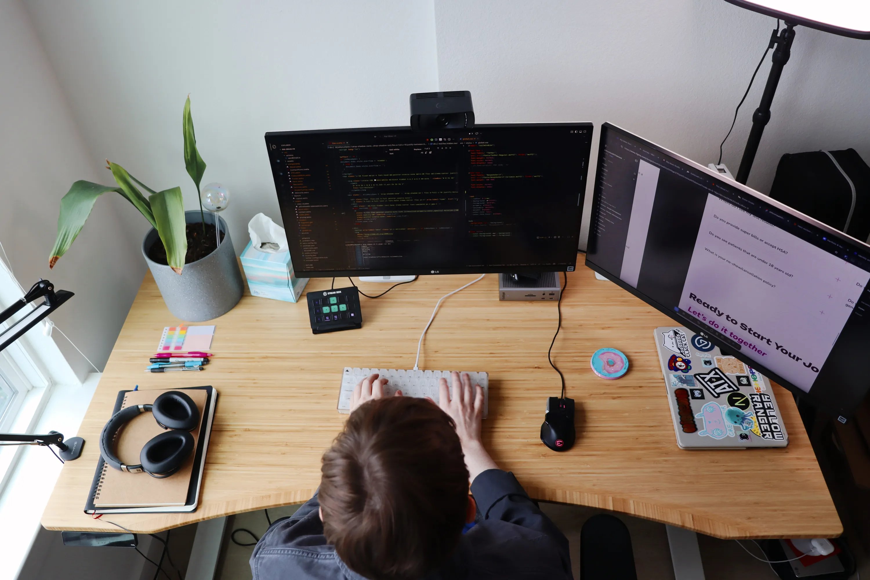 An overhead view of Aiden's home office setup